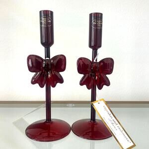 Cupcakes & Cashmere Red Bow Glass Taper Candle Holders Set of 2 Holiday Glam New